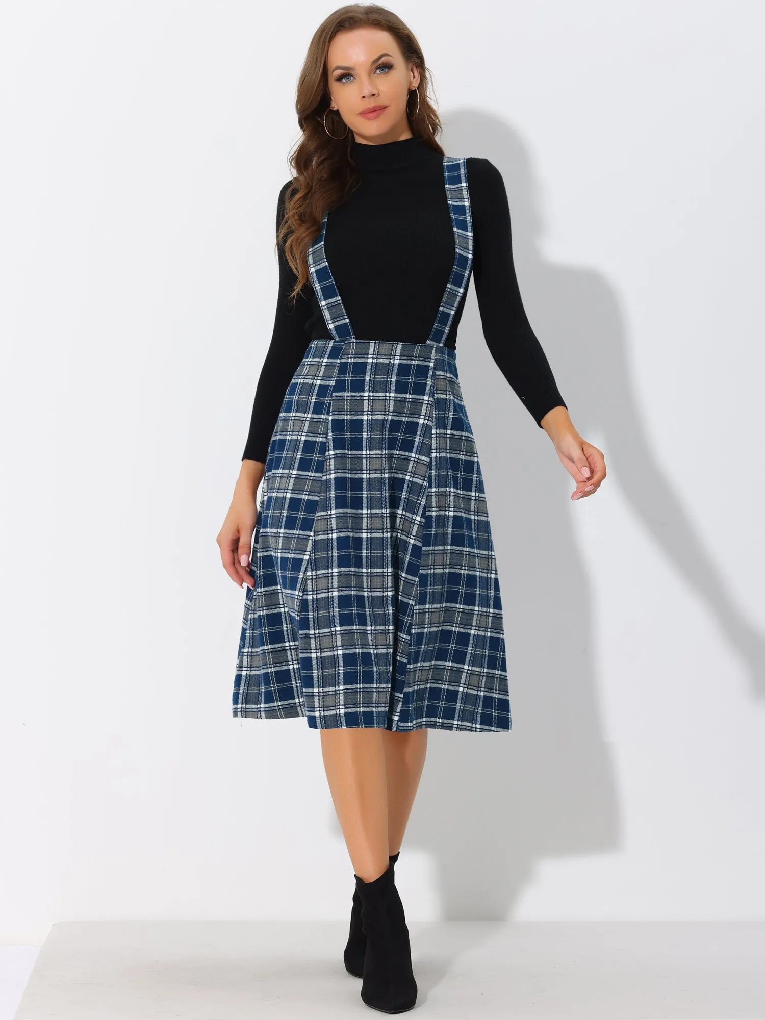 Plaid Overall Dress High Waist A-Line Tartan Suspender Midi Skirt