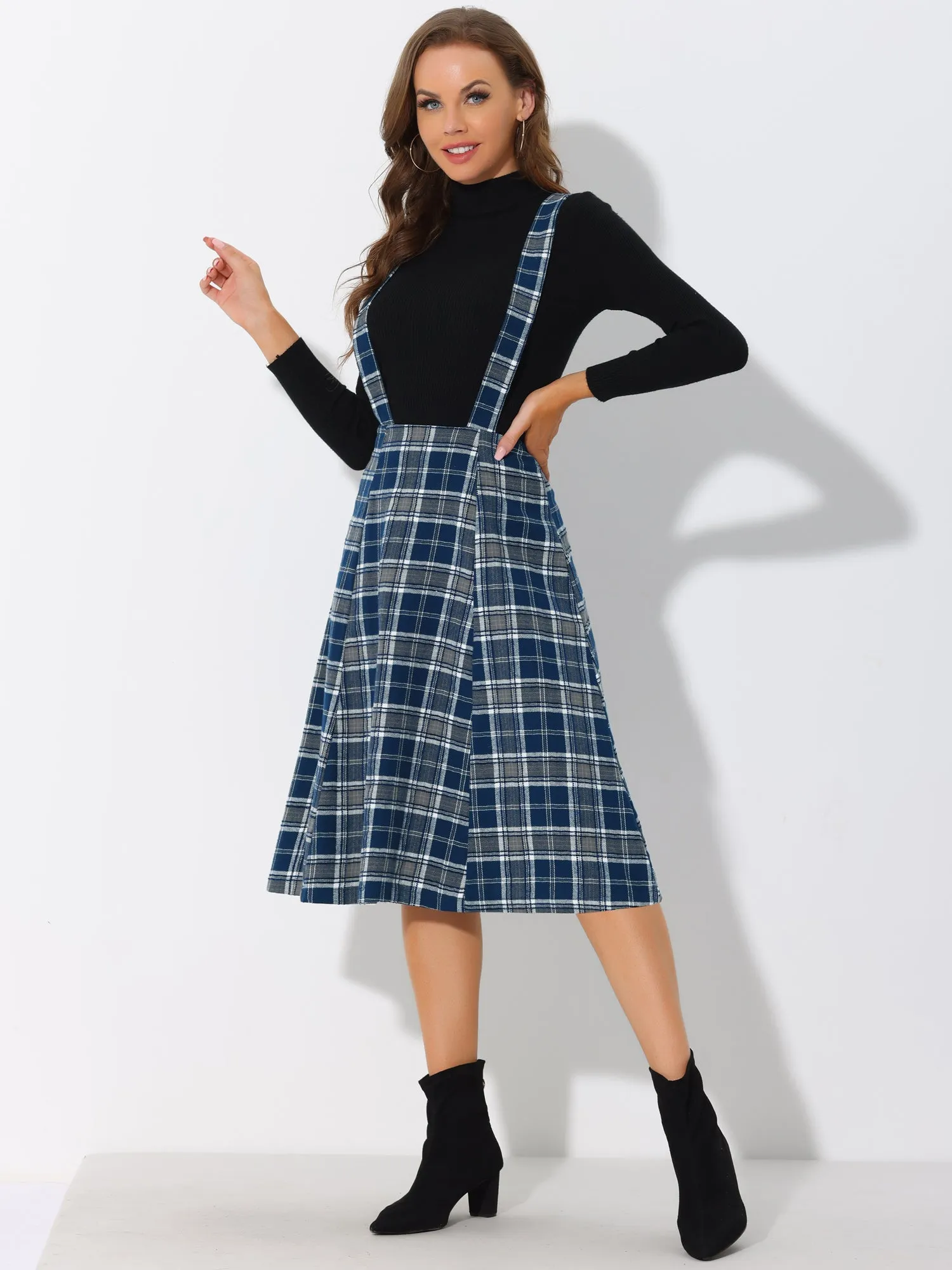 Plaid Overall Dress High Waist A-Line Tartan Suspender Midi Skirt