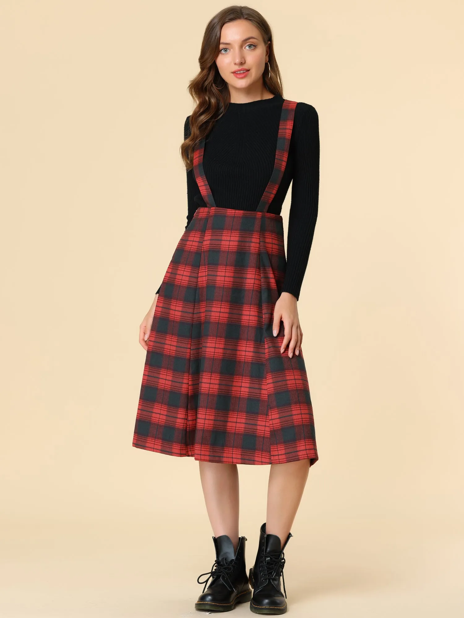 Plaid Overall Dress High Waist A-Line Tartan Suspender Midi Skirt