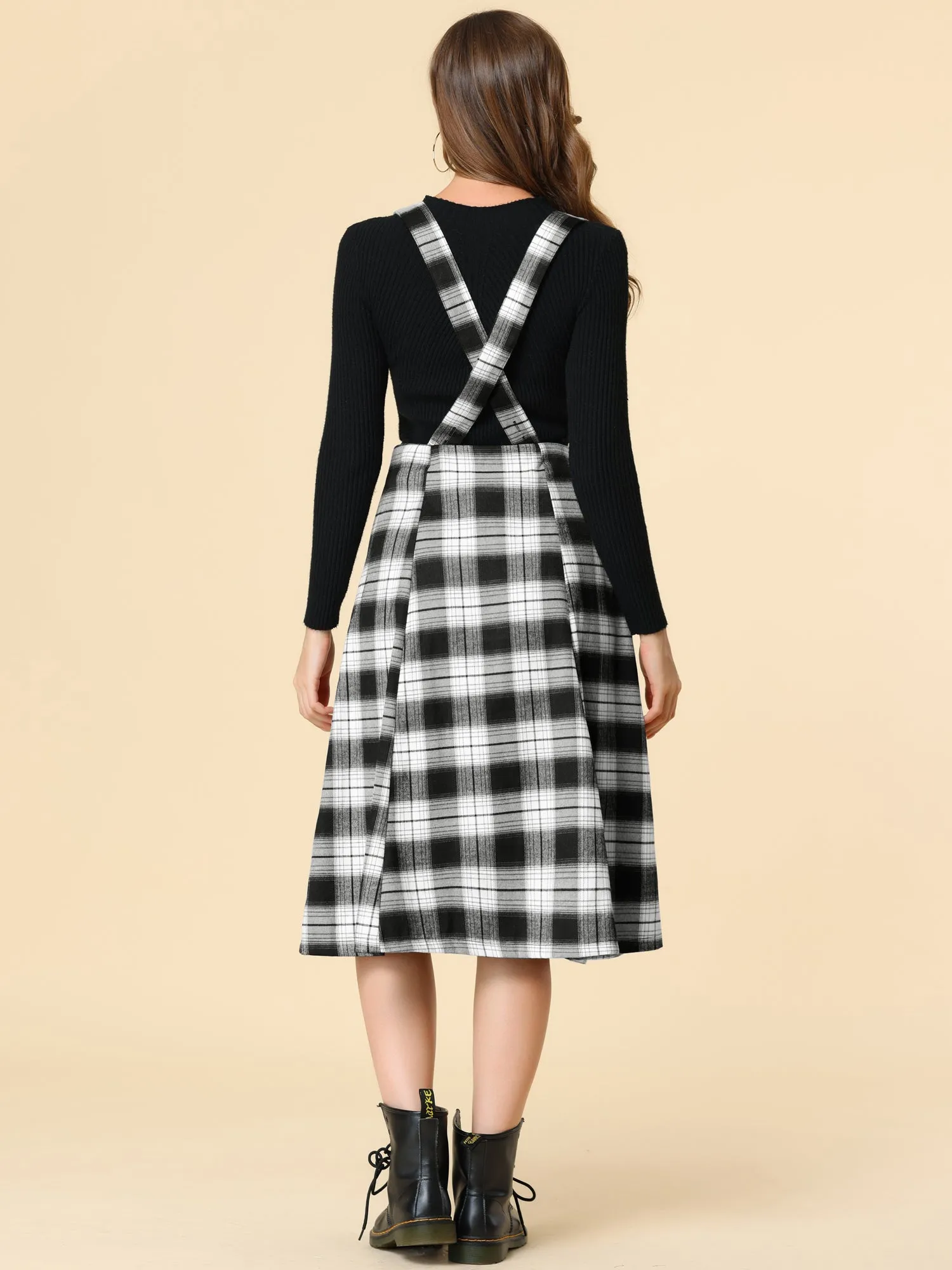 Plaid Overall Dress High Waist A-Line Tartan Suspender Midi Skirt