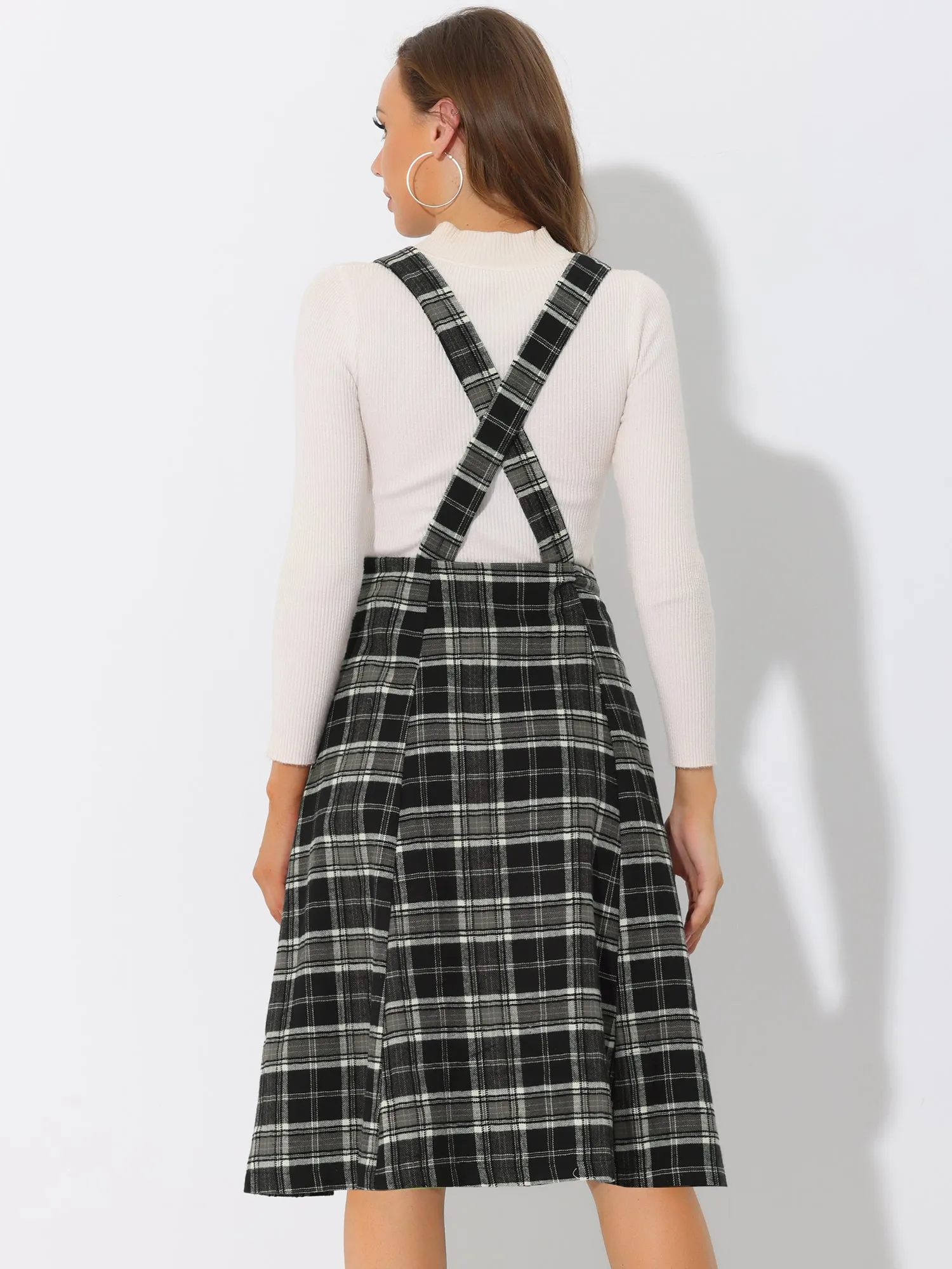 Plaid Overall Dress High Waist A-Line Tartan Suspender Midi Skirt