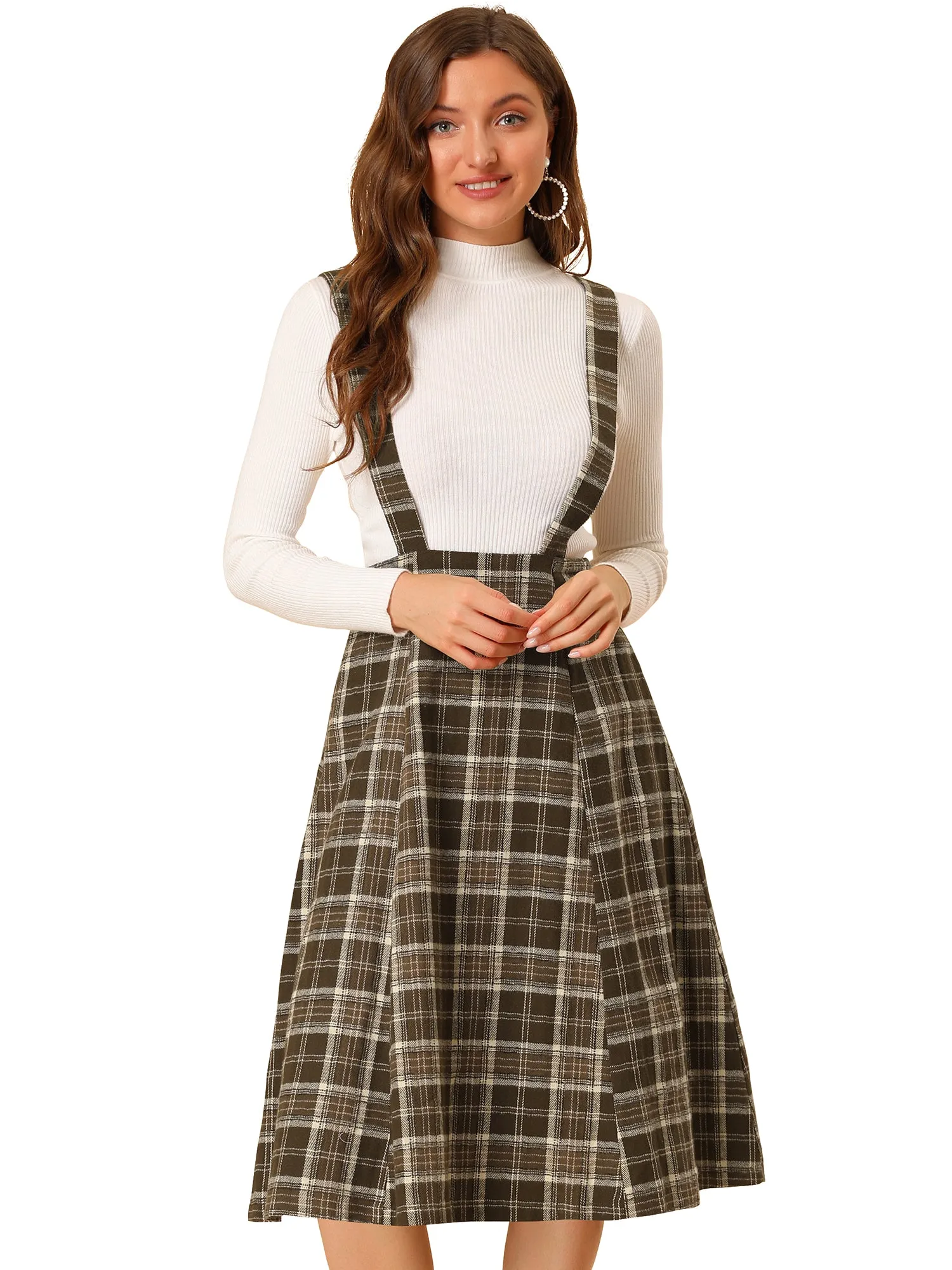 Plaid Overall Dress High Waist A-Line Tartan Suspender Midi Skirt