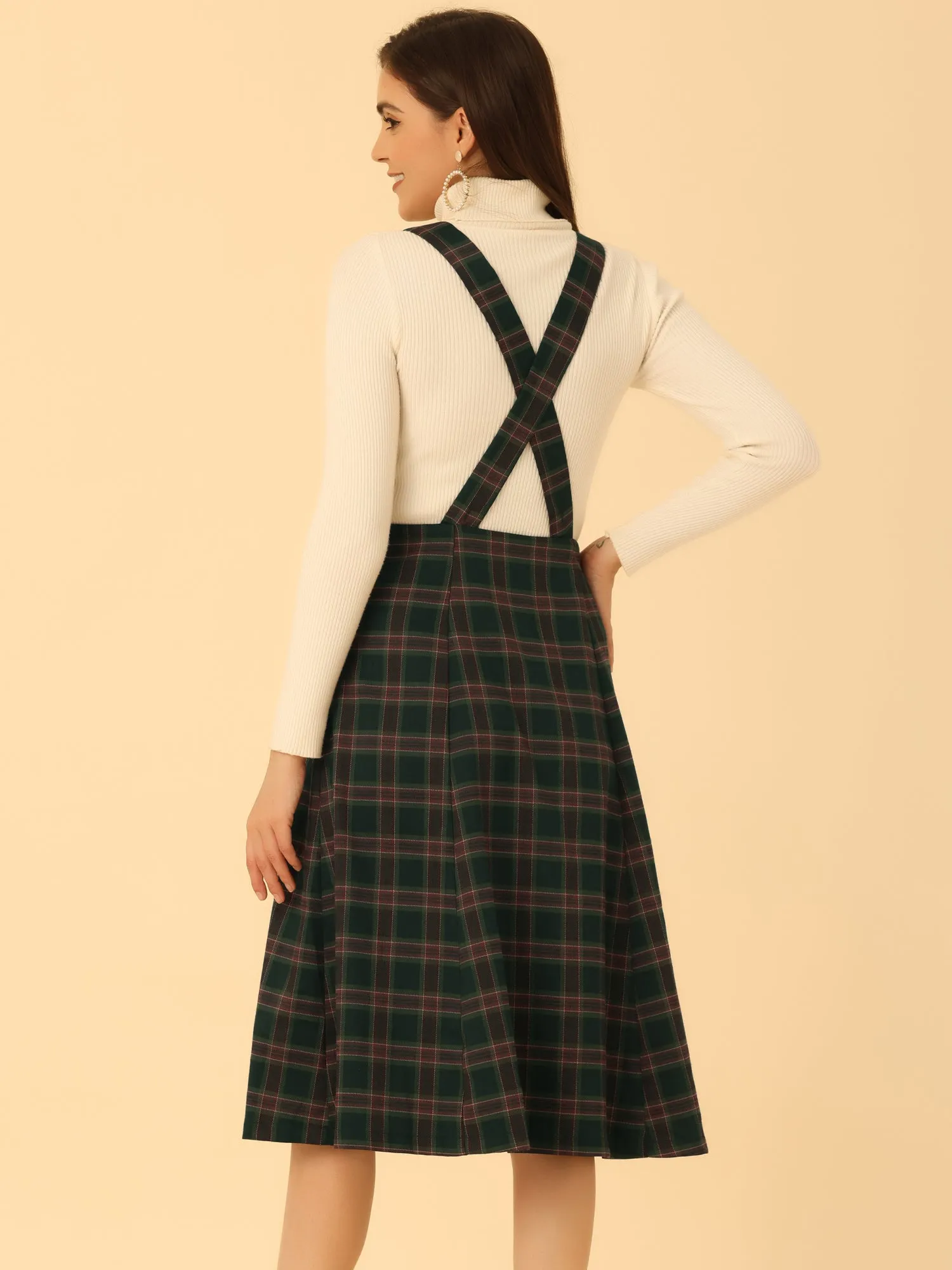 Plaid Overall Dress High Waist A-Line Tartan Suspender Midi Skirt