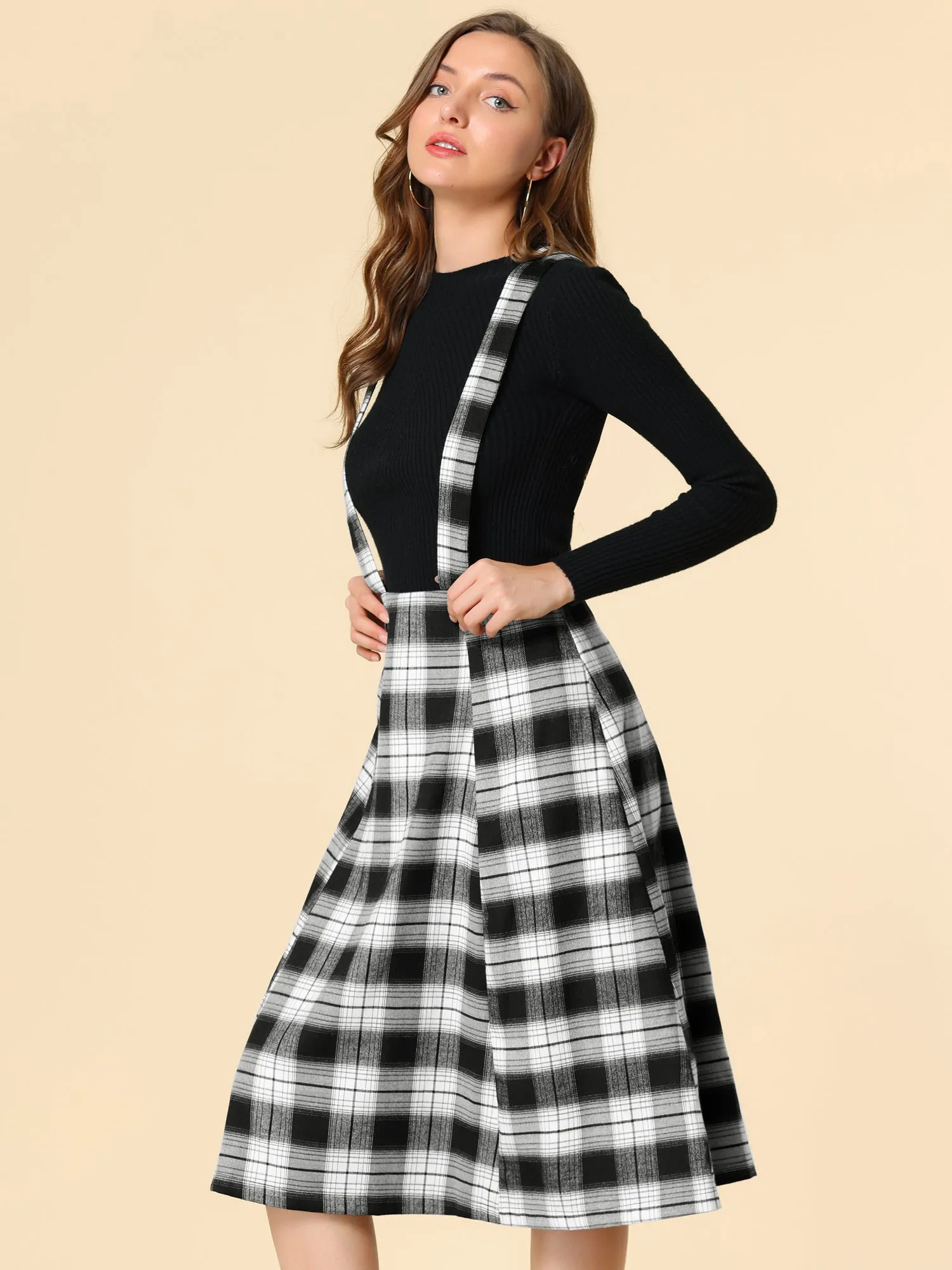 Plaid Overall Dress High Waist A-Line Tartan Suspender Midi Skirt