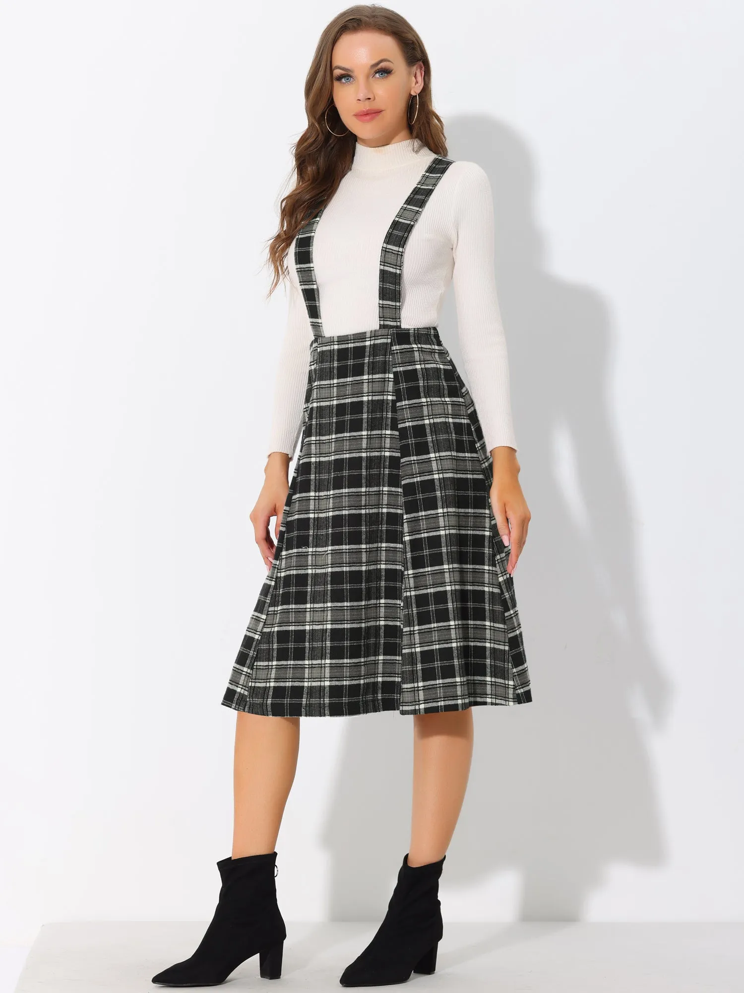 Plaid Overall Dress High Waist A-Line Tartan Suspender Midi Skirt