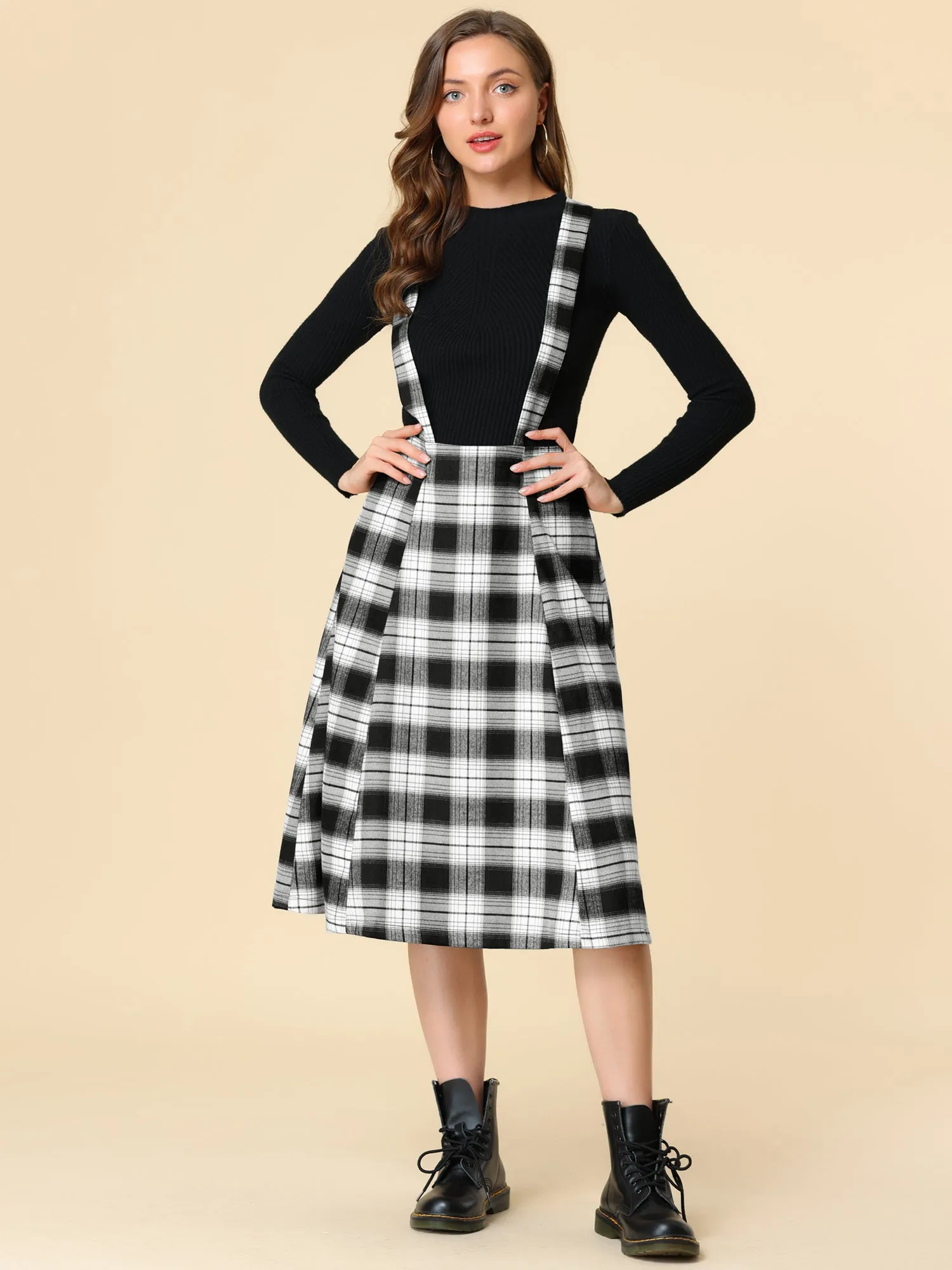 Plaid Overall Dress High Waist A-Line Tartan Suspender Midi Skirt