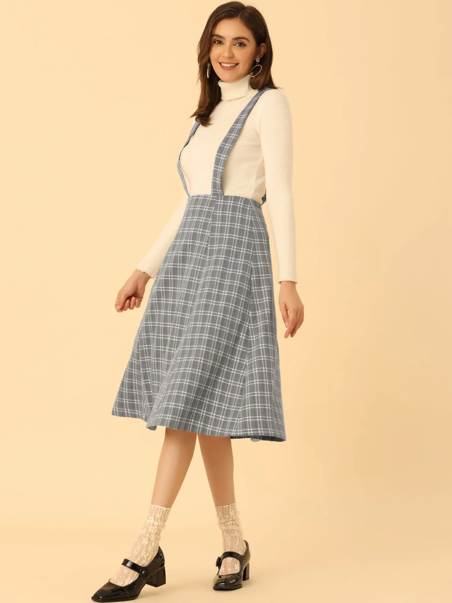 Plaid Overall Dress High Waist A-Line Tartan Suspender Midi Skirt