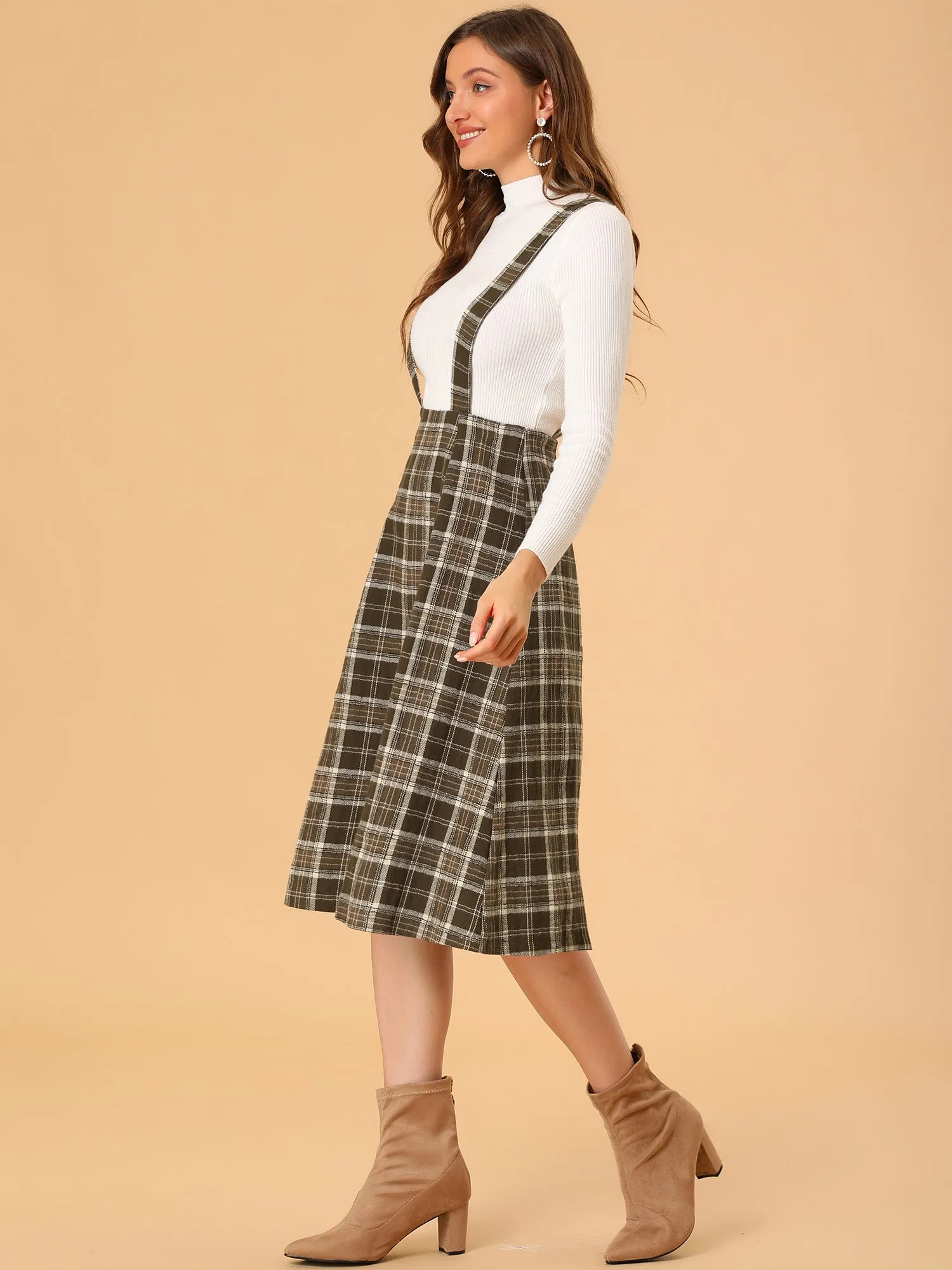 Plaid Overall Dress High Waist A-Line Tartan Suspender Midi Skirt