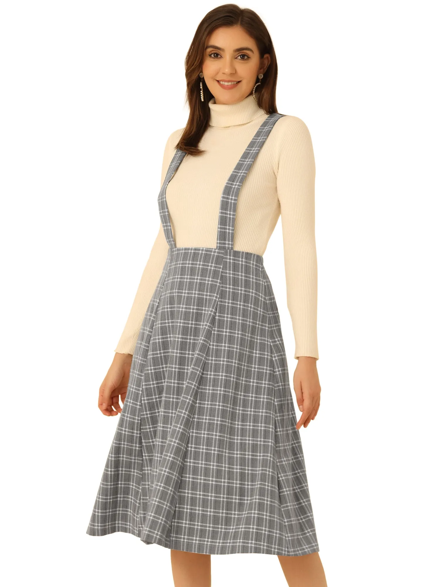 Plaid Overall Dress High Waist A-Line Tartan Suspender Midi Skirt