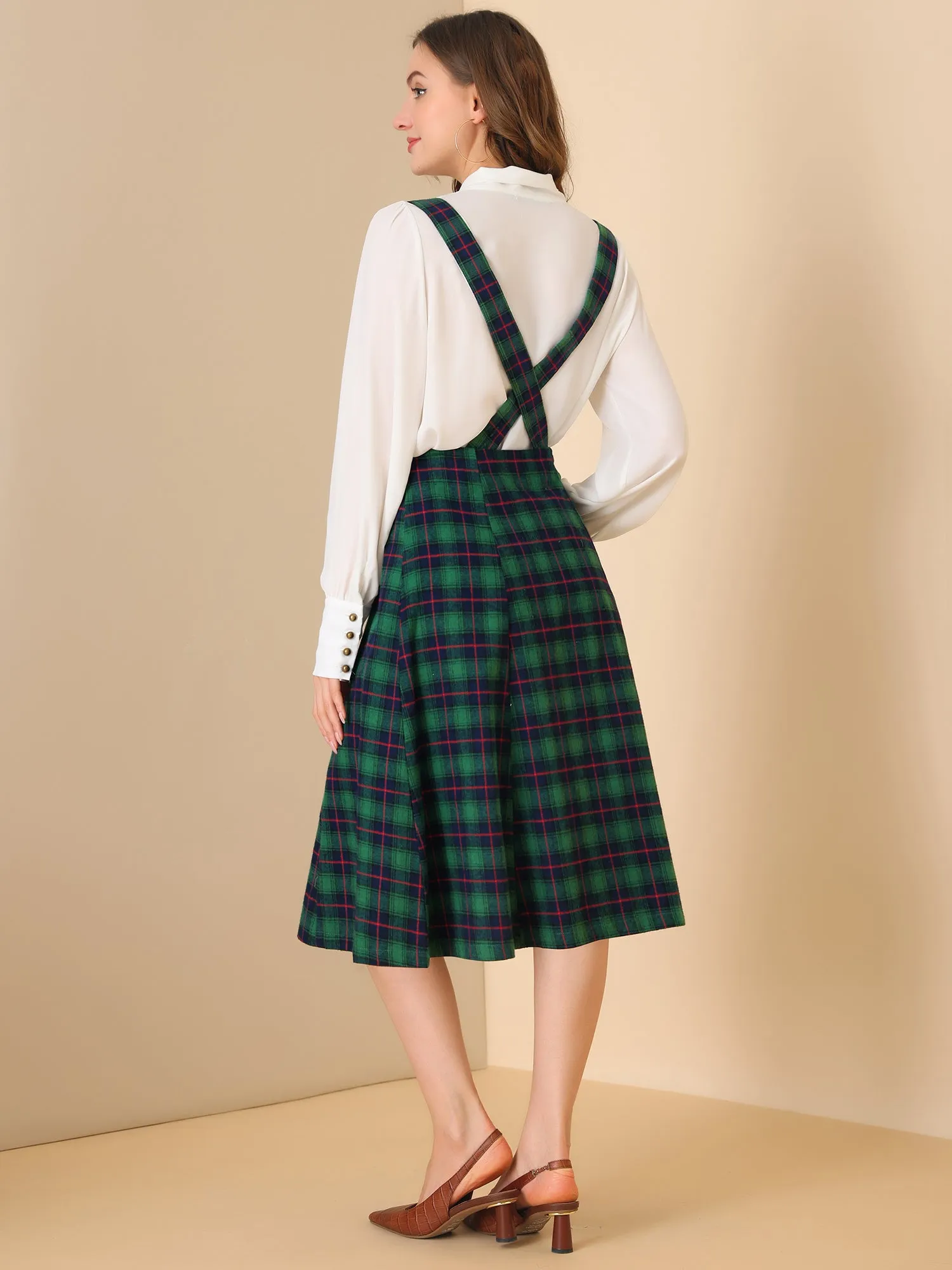 Plaid Overall Dress High Waist A-Line Tartan Suspender Midi Skirt