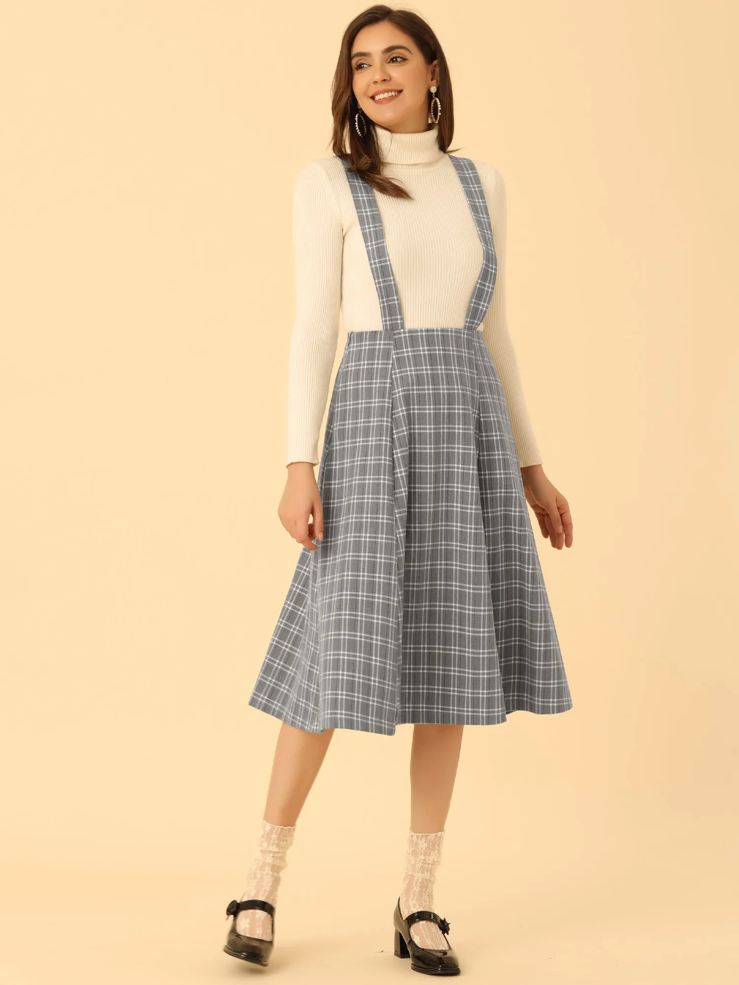 Plaid Overall Dress High Waist A-Line Tartan Suspender Midi Skirt