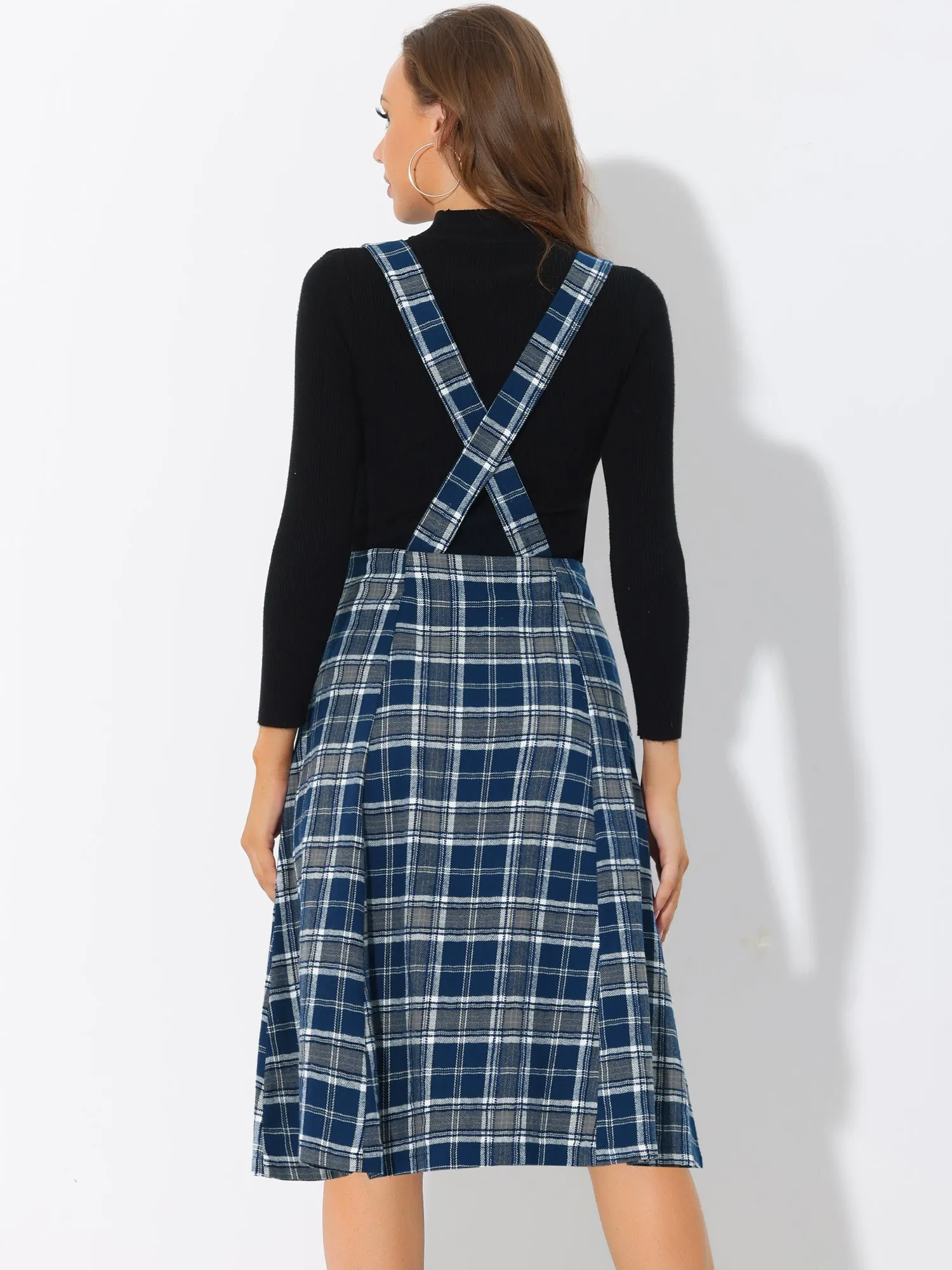 Plaid Overall Dress High Waist A-Line Tartan Suspender Midi Skirt