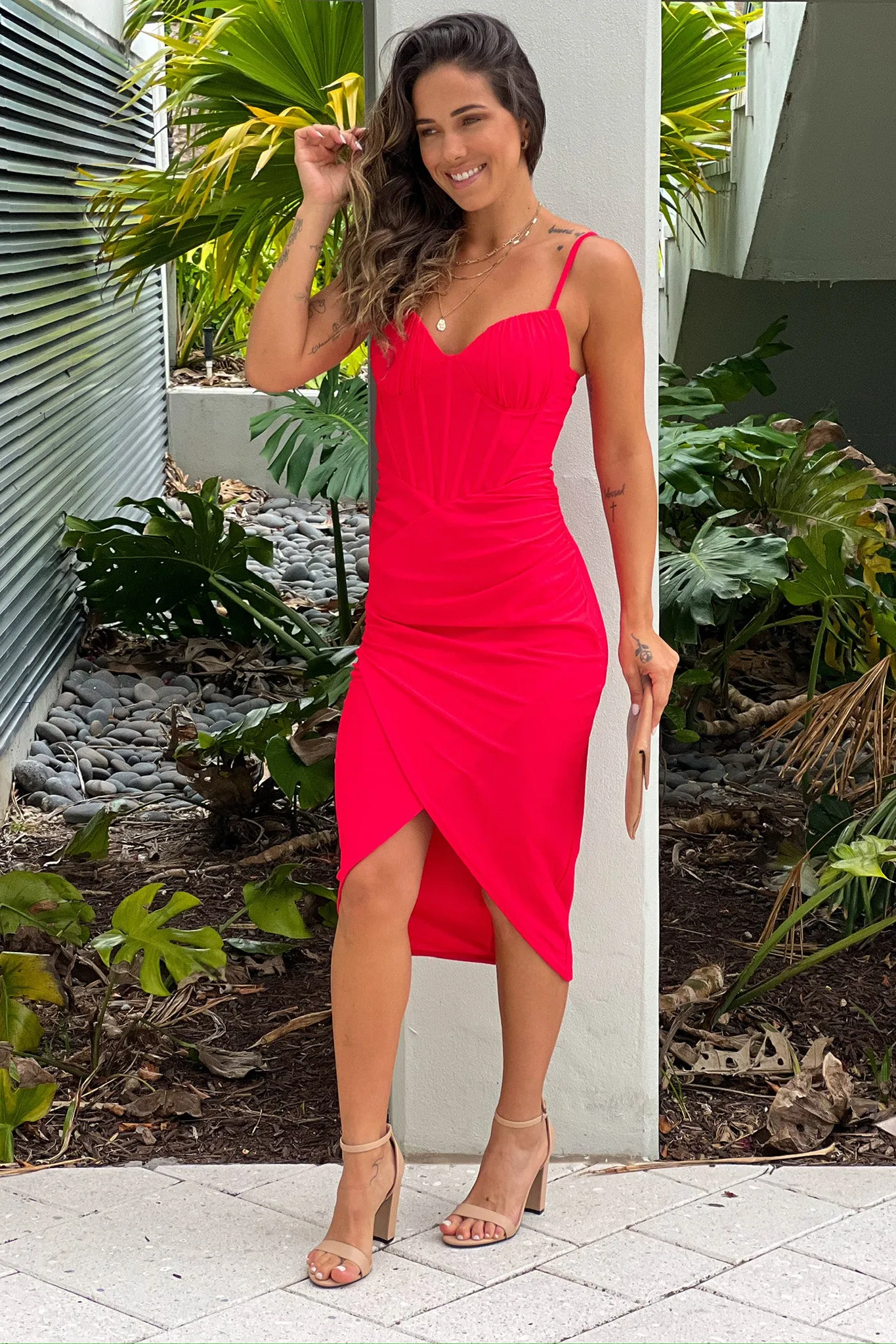 Red Corset Wrap Midi Dress