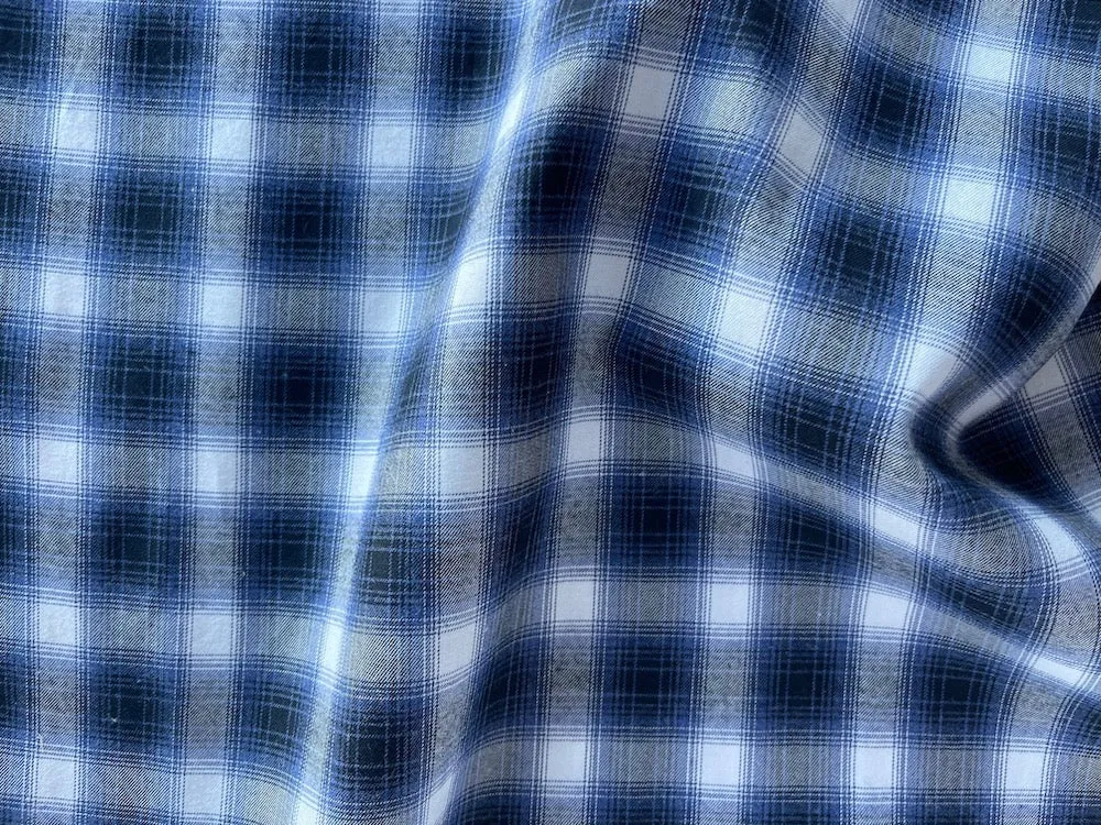 Retro-Inspired Washed Denim Blue, Black & White Plaid Cotton Shirting (Made in Italy)