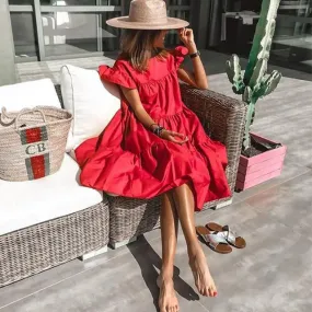 Retro Ruffle Sleeve Oversized Midi Dress