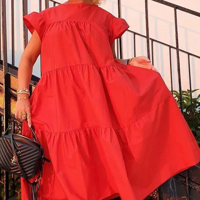 Retro Ruffle Sleeve Oversized Midi Dress