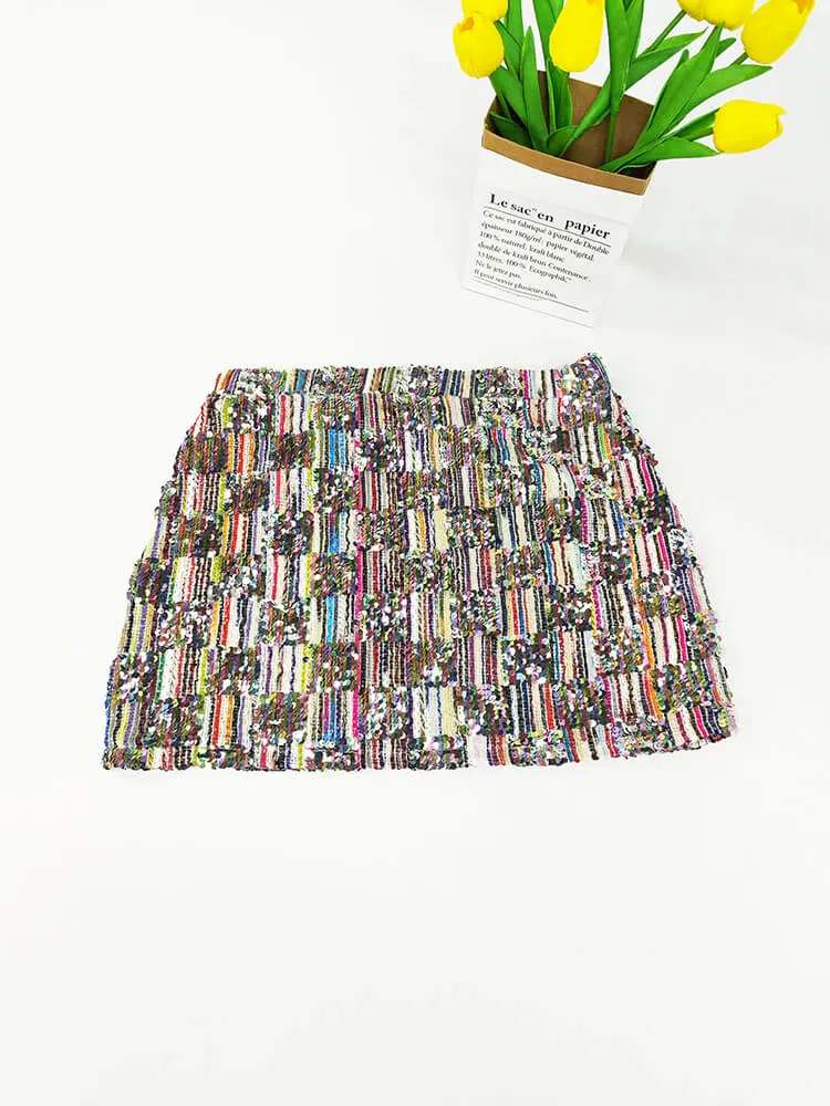 Sequin Patchwork Striped Print Mini Skirts