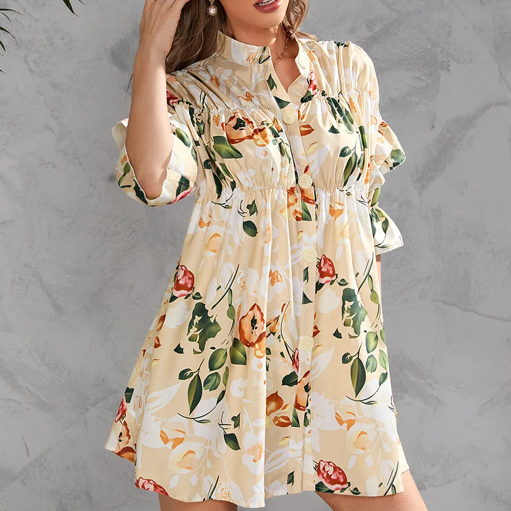 Single-Breasted Five-Quarter-Sleeve Printed Dress Wholesale Dresses