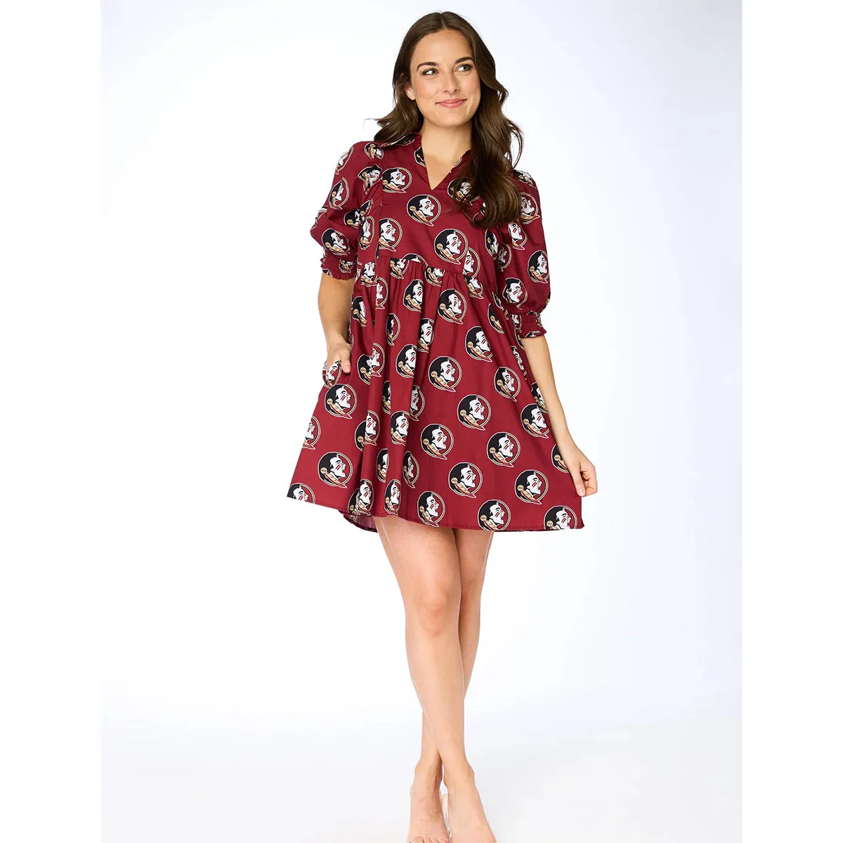 Stewart Simmons Women's Seminole Logo Pattern Oversized V-Neck Poplin Dress - Garnet