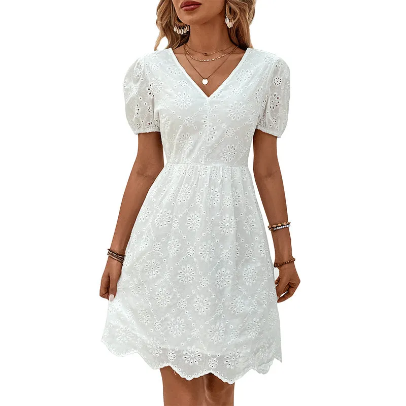 V-Neck Puff Sleeves Backless White Dresses Wholesale Womens Clothing N3824022600064