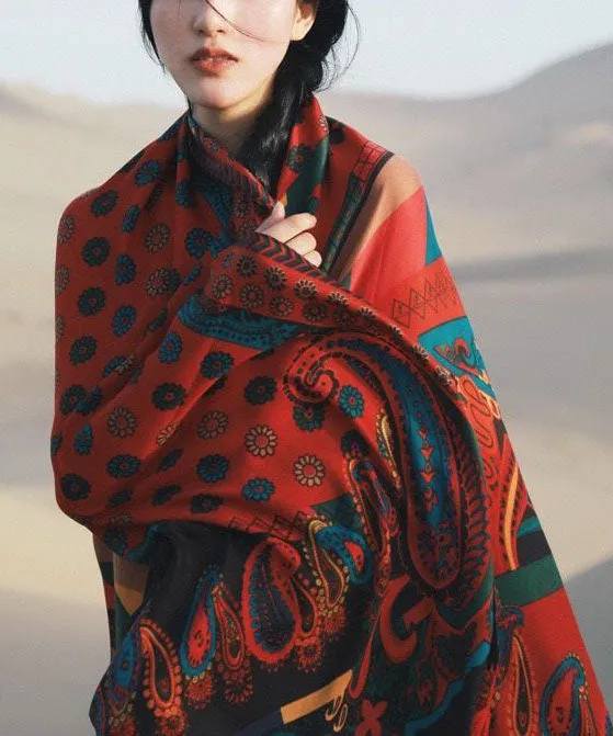 Vintage Red Tasseled Oversized Print Cotton Beach Shawl