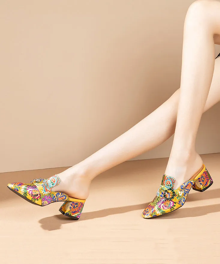 Women Yellow Embroidered Zircon Satin Chunky Sandals RT1078