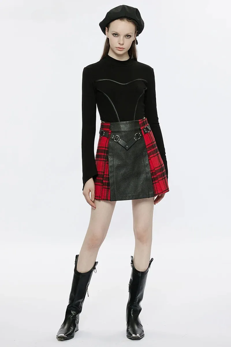 Women's Black Red Mini Buckle Metal Belt Personality Splicing Plaid Daily Rivet A-Line Skirt