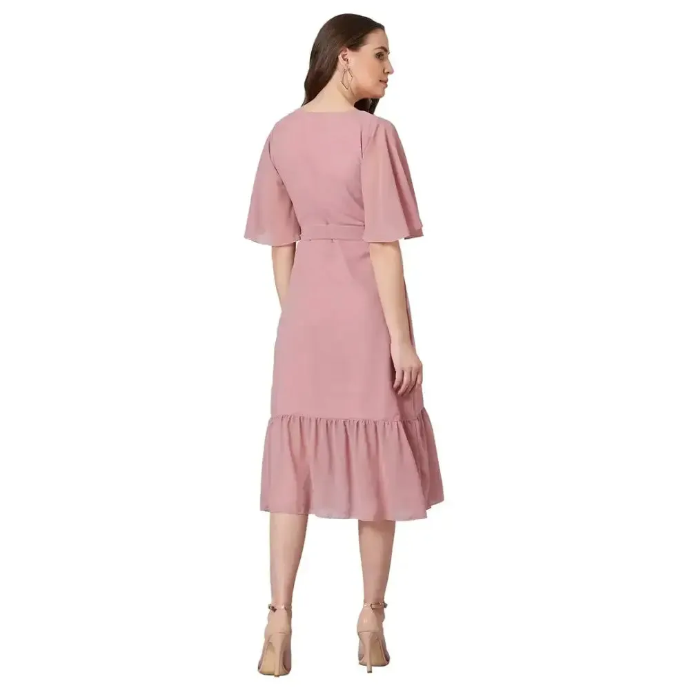 Women's Wrap Georgette Midi Dress (Peach)