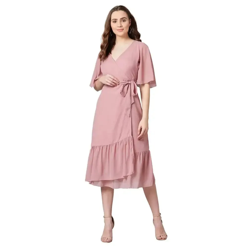 Women's Wrap Georgette Midi Dress (Peach)