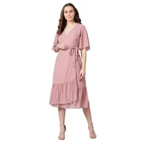 Women's Wrap Georgette Midi Dress (Peach)