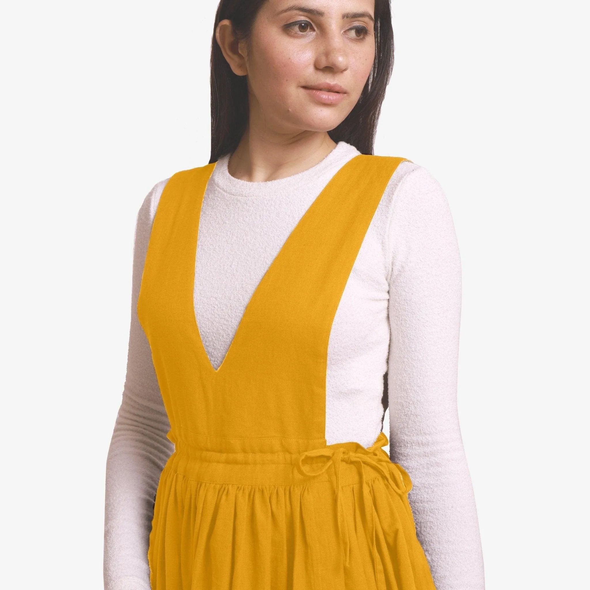 Yellow Cotton Flax Pinafore Midi Wrap Dress