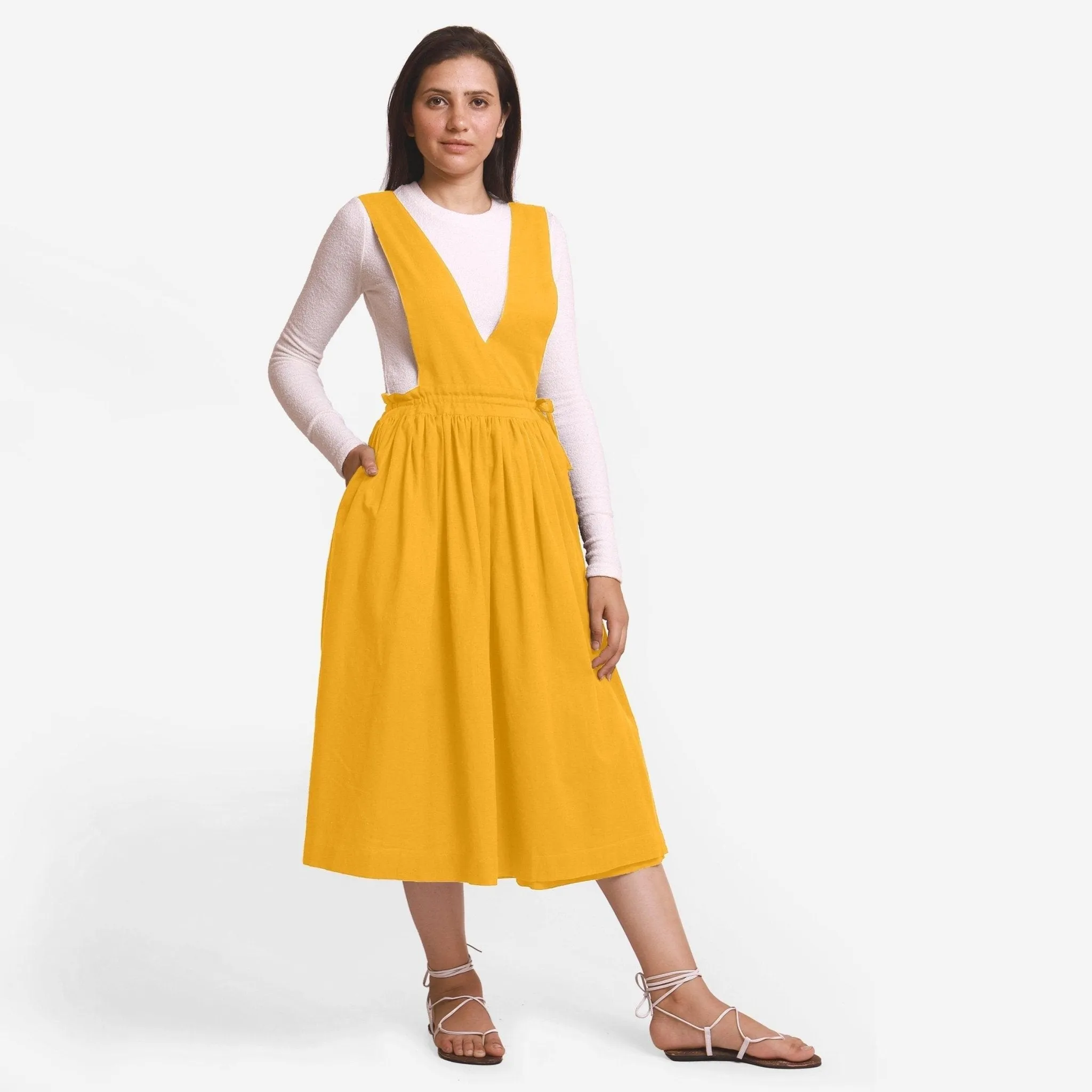 Yellow Cotton Flax Pinafore Midi Wrap Dress