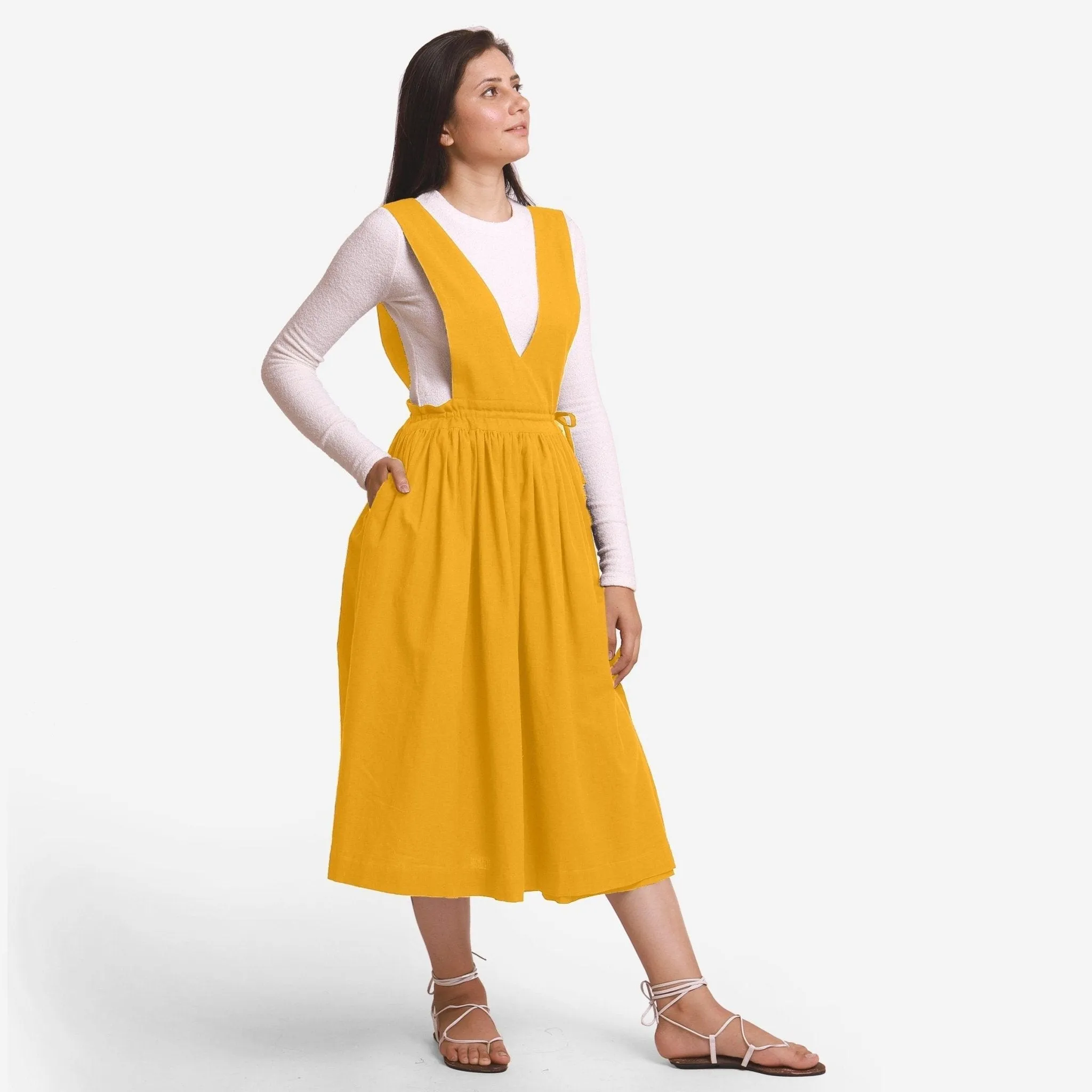 Yellow Cotton Flax Pinafore Midi Wrap Dress