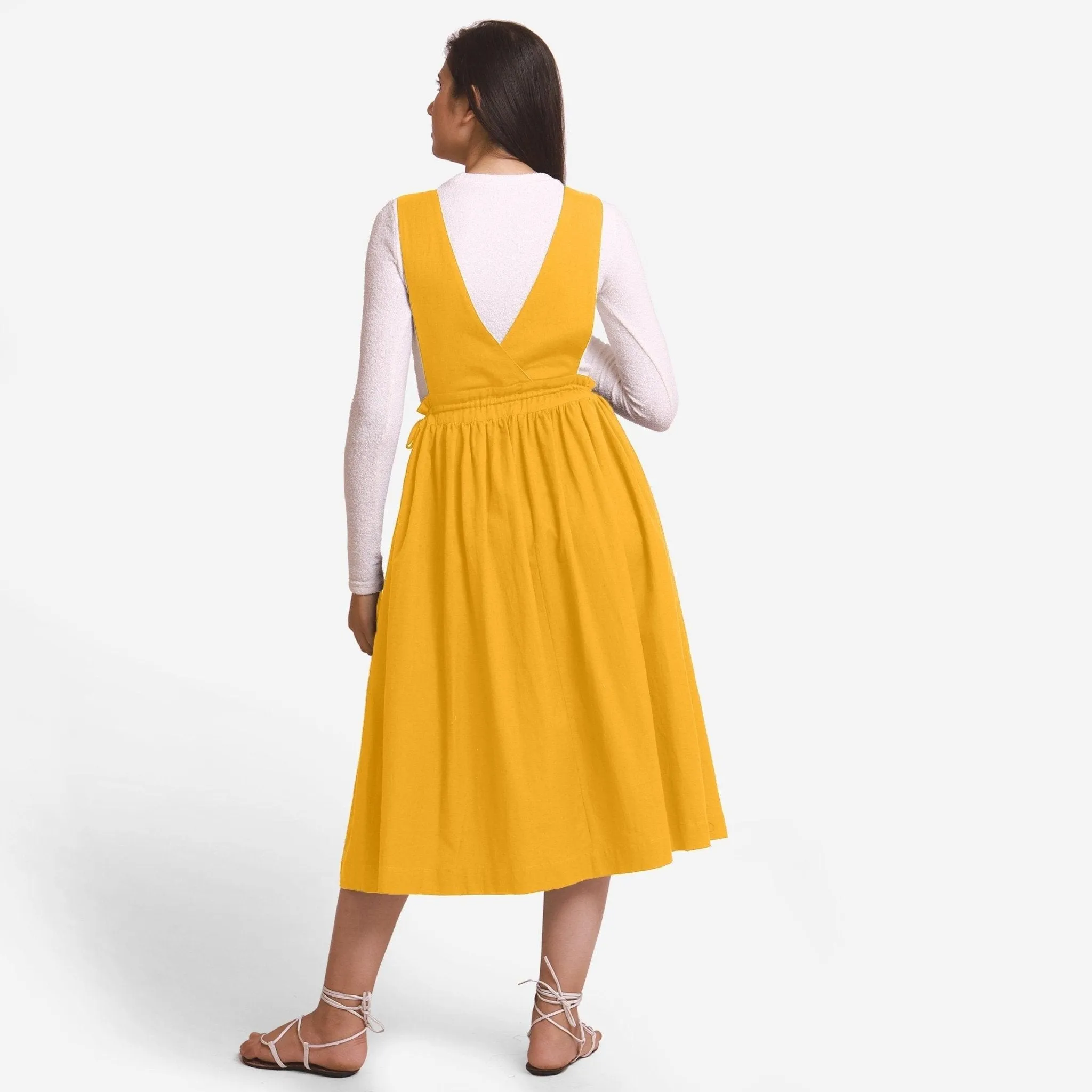 Yellow Cotton Flax Pinafore Midi Wrap Dress