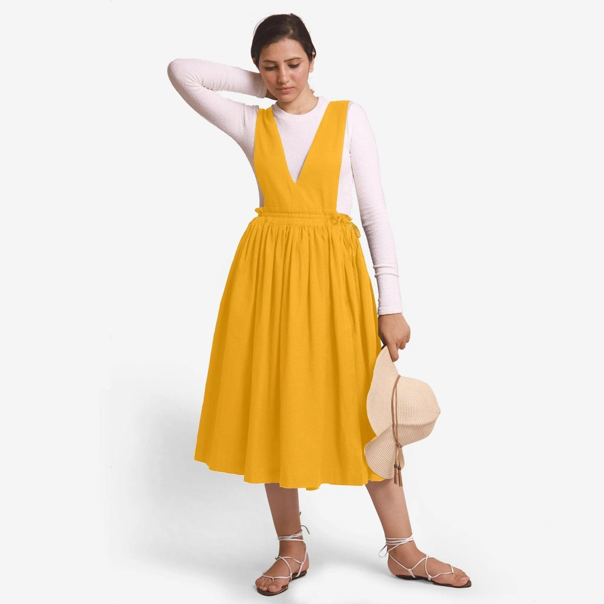 Yellow Cotton Flax Pinafore Midi Wrap Dress